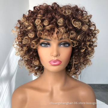 wholesale vendor cheap curly kinky straight hair wig short synthetic wigs with bangs fiber Synthetic Afro Kinky Curly Wigs